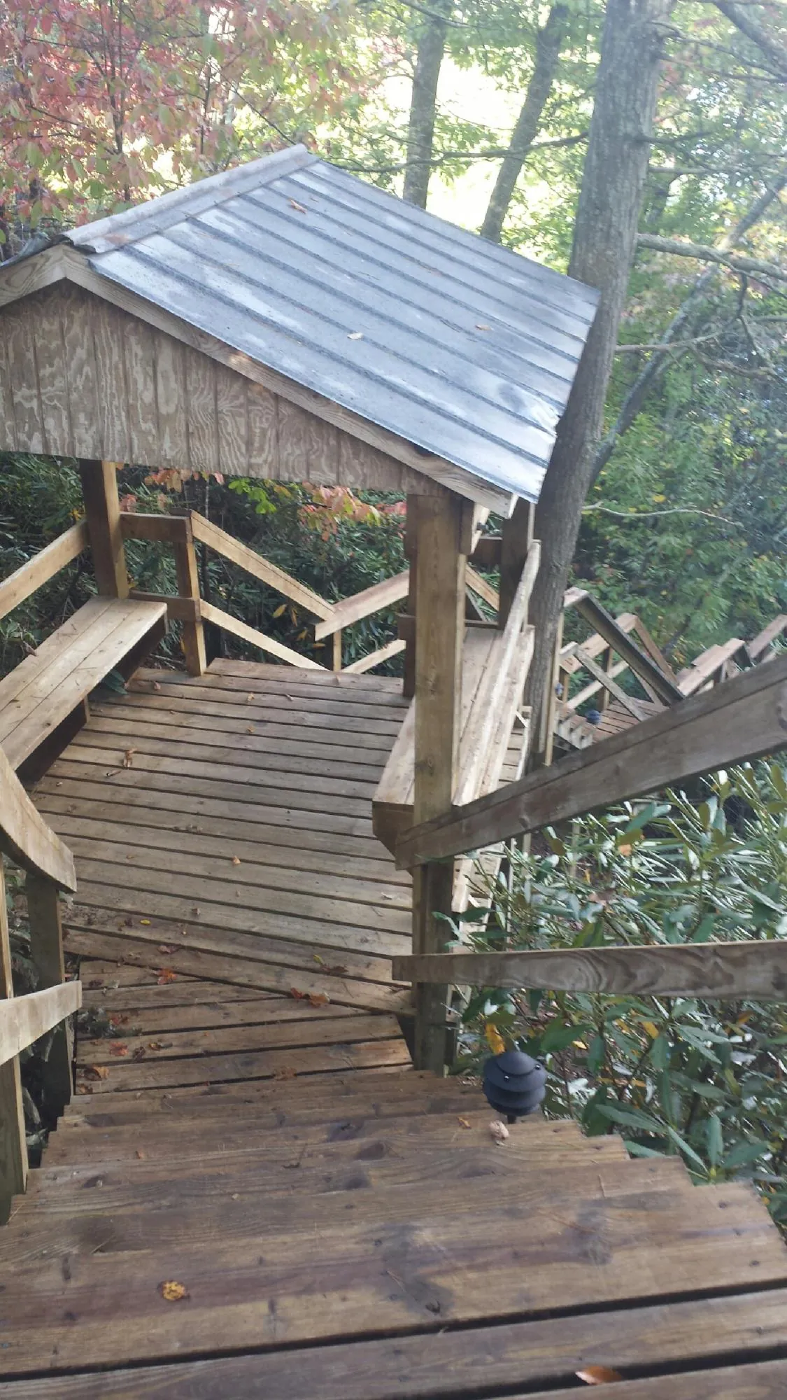 Metal roofed shelter over wooden steps on a wooded walkway — Skylight Repair & Installation work by our crew in Cannon Beach